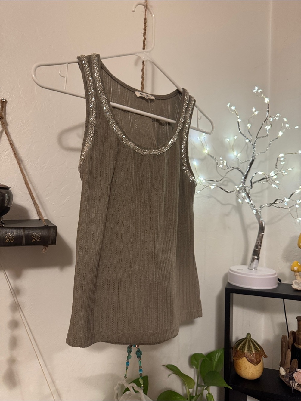Miss Me Olive Tank with Silver Beaded Trim